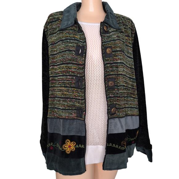 Vintage 90s Patchwork Jacket Women Large Shacket Boho Artsy Eclectic Chenille - Picture 1 of 6